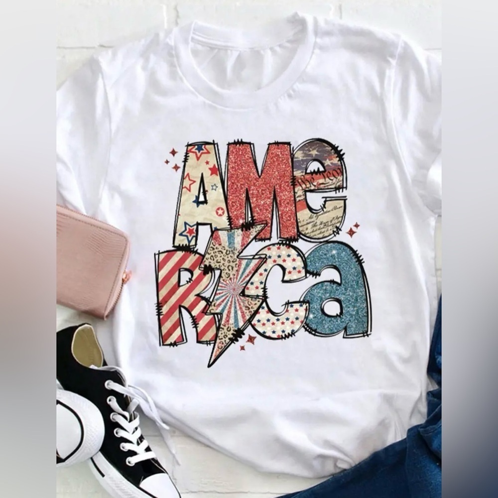 White Graphic T-Shirt with 'America' Design